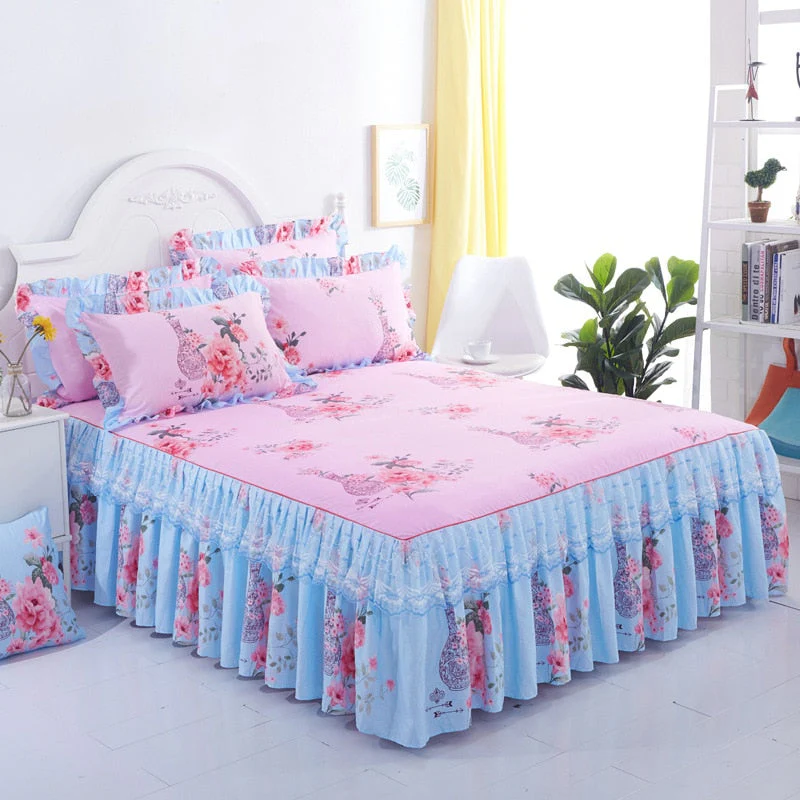 HULIANFU  3pcs set Elegant floral bed skirt skin-friendly cotton lace bedding home decor bedspreads queen pink king size bed cover - Deanwangkt