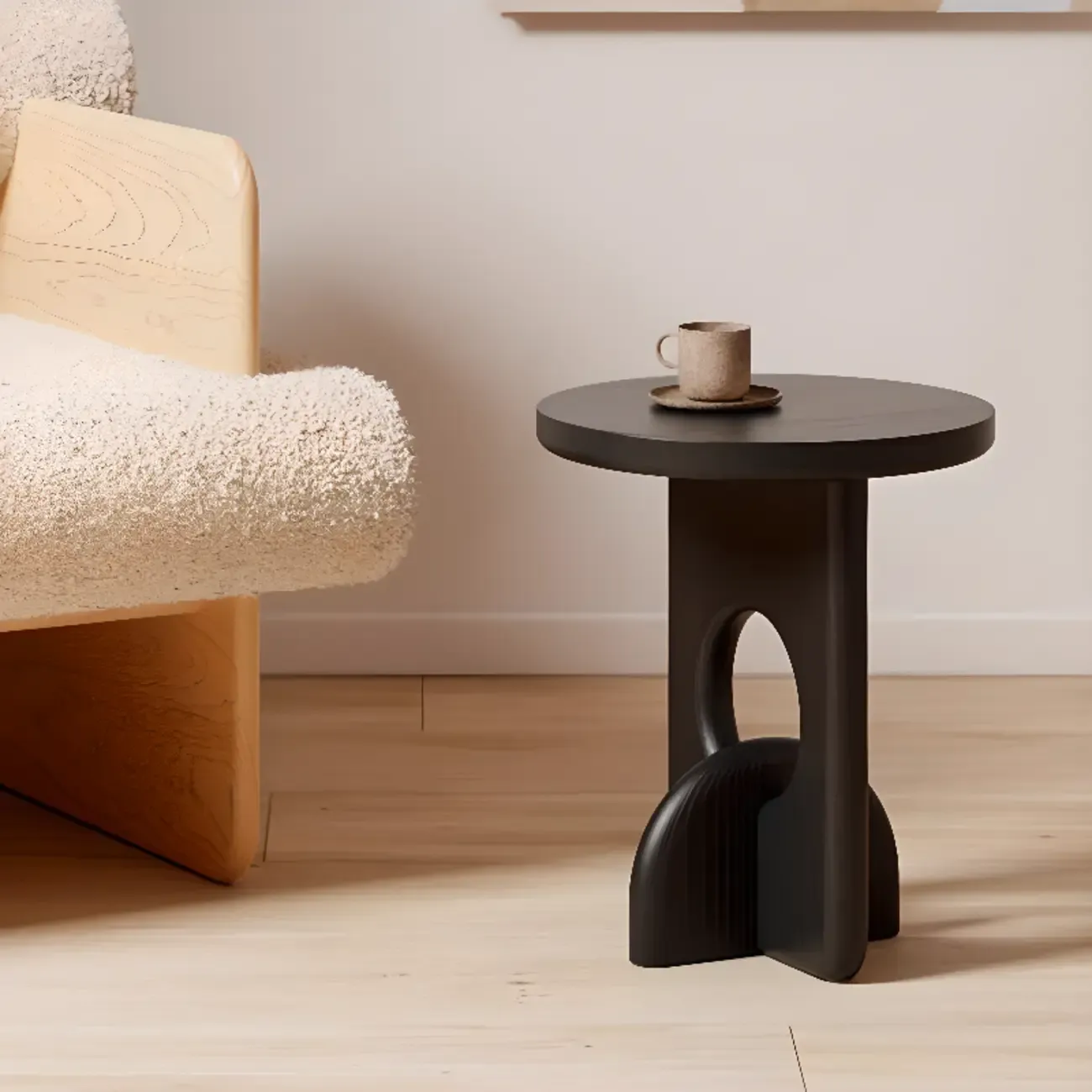 Unique Round Black Solid Wood End Table for Living Room