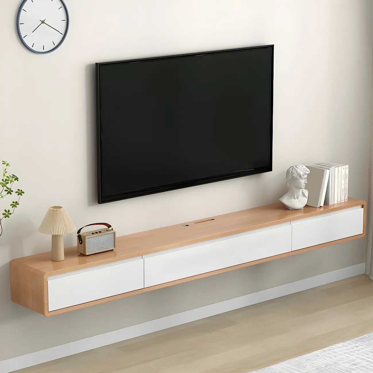 White Floating Mount Wood Drawers Cabinet TV Stand