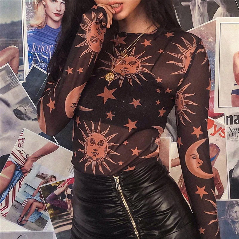 Hulianfu Sun Moon Printed Transparent Mesh Sexy T-Shirt Women O-Neck Long Sleeve Slim Basic Casual Female Tops Spring New - Deanwangkt