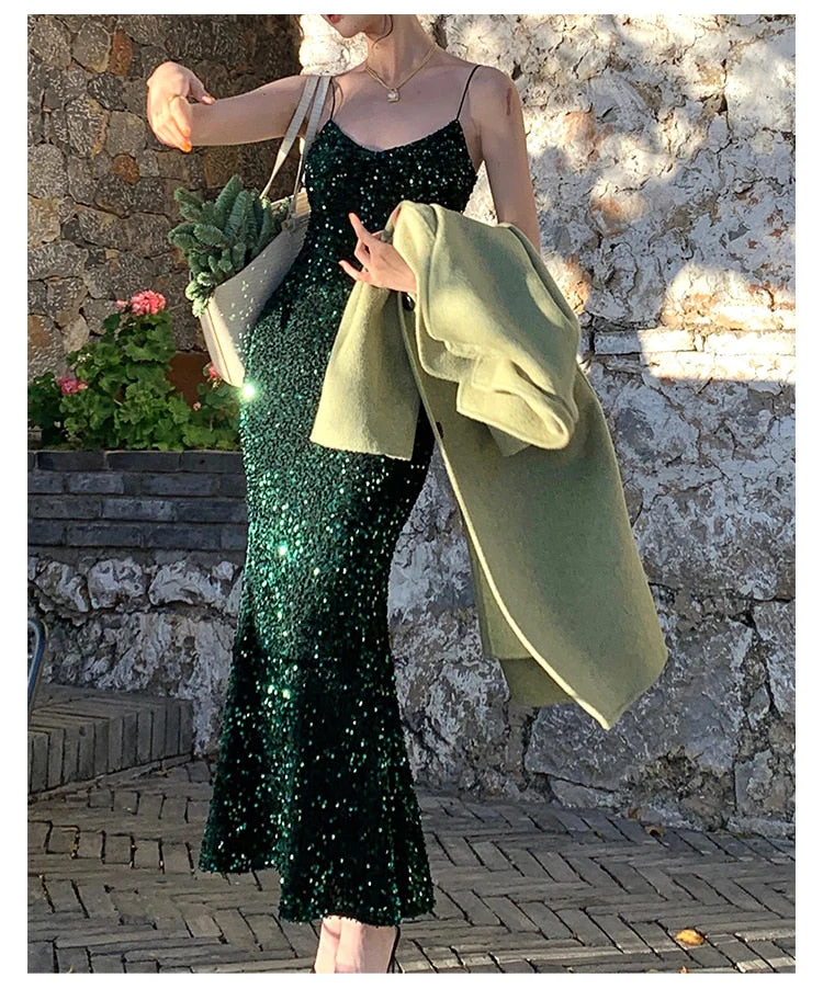 Hulianfu Maxi Long Sequin Dress Sexy Red Glitter Bodycon Wedding Guest Birthday Party Dresses Elegant Occasion Dress for Women - Deanwangkt