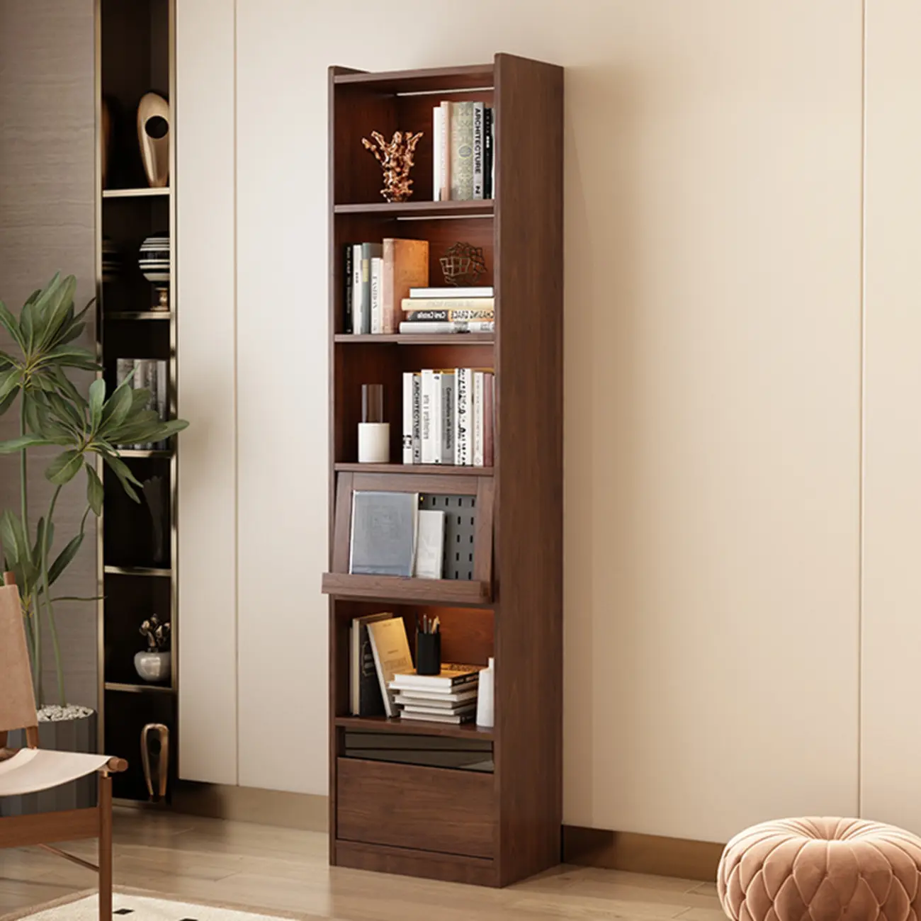 Mid Centyury Tall Brown Vertical Wood Bookcase with Drawers