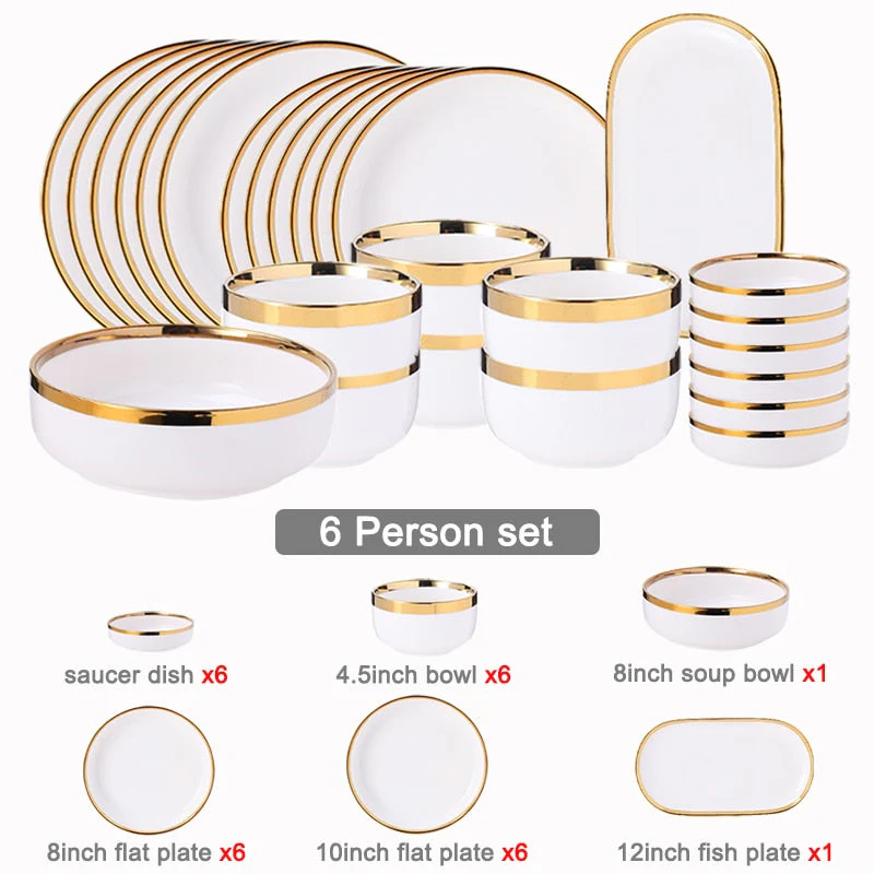 HULIANFU White Porcelain Plates for Food Dinner Set Dishes Salad Soup Bowl Ceramic Plates and Bowls Set Tableware Set Service for 4/6/8 - Deanwangkt