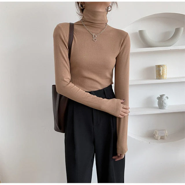 Autumn Women Pullover Tops Female Knitted Sweaters Solid Concise Turtleneck Elasticity Elegant Office Lady Casual All Match - Deanwangkt