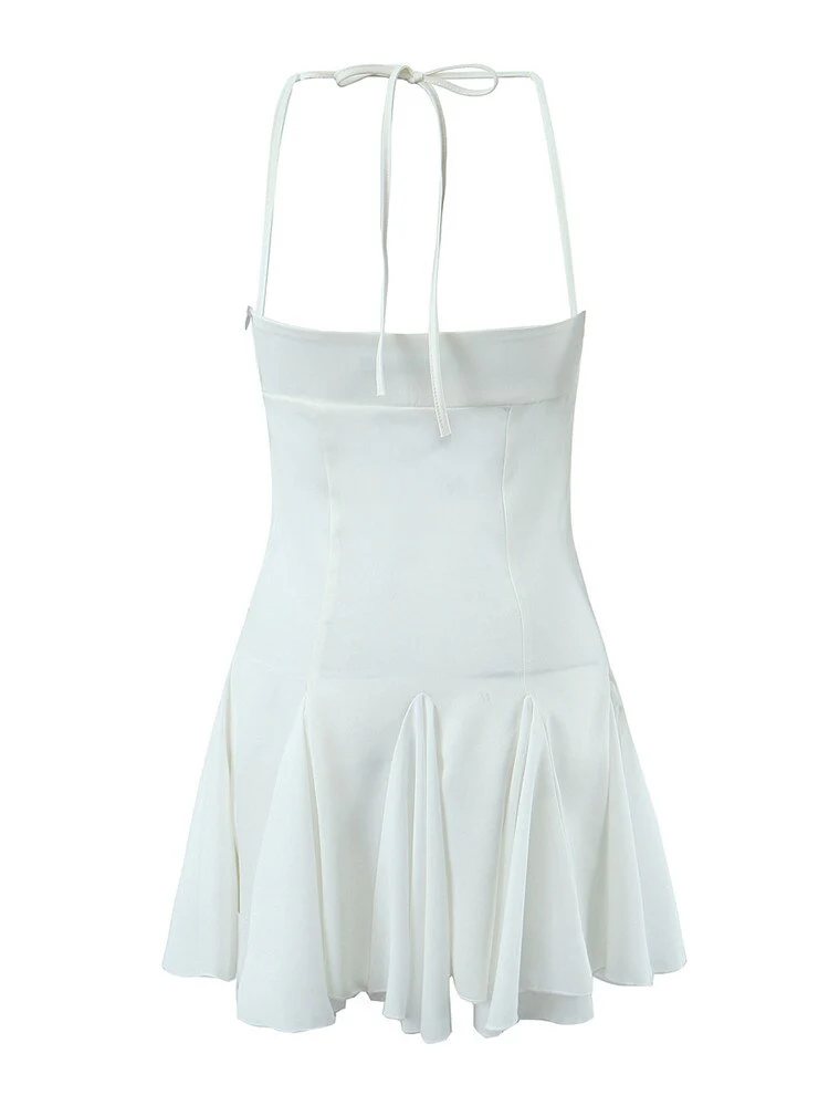 Hulianfu Spring Summer New Sexy Slim Fashion Women Halter Neck Tie Backless Pleated Short Strap Mini Dress Female - Deanwangkt