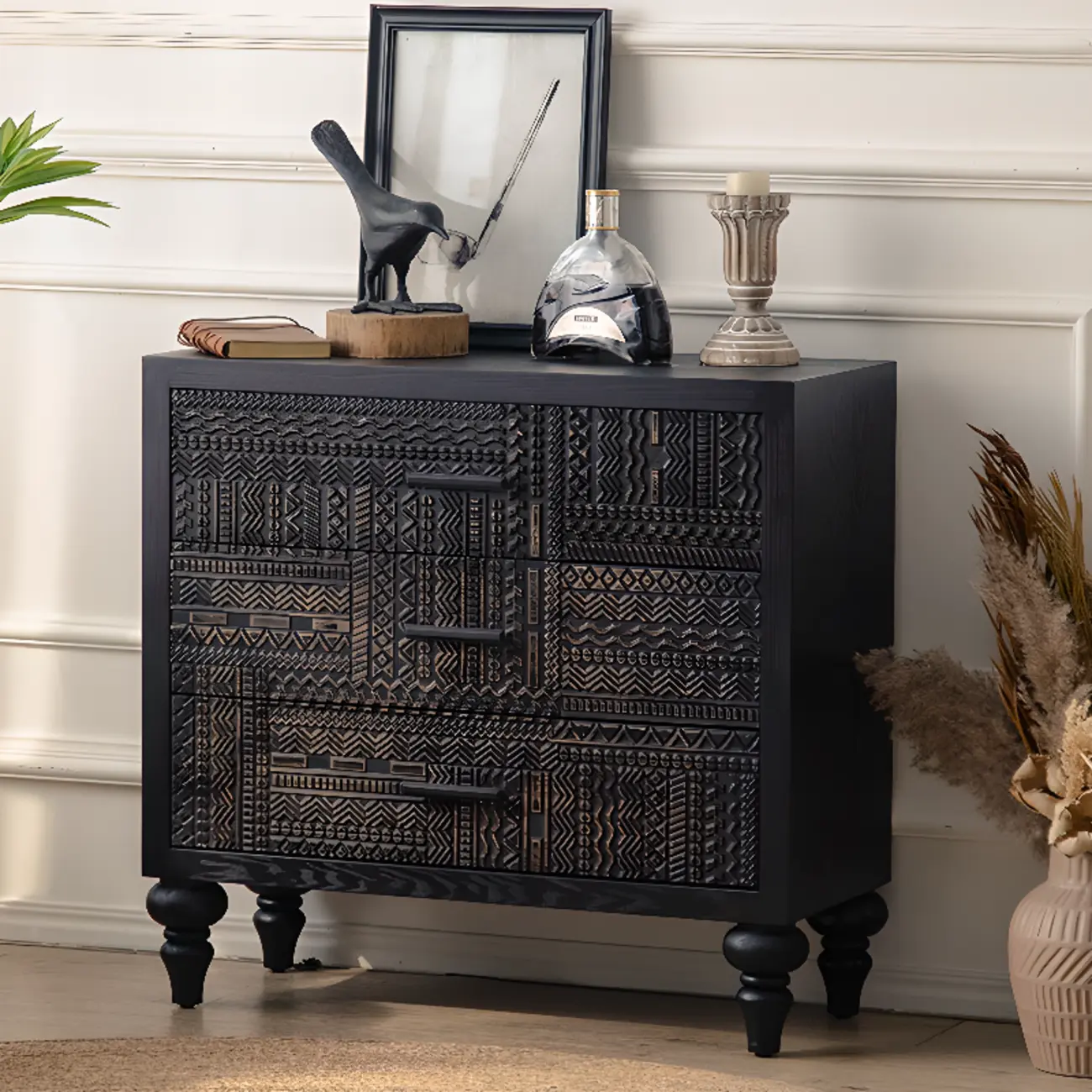 Mid-Century Rectangle Black Distressed Wood Carved Cabinet