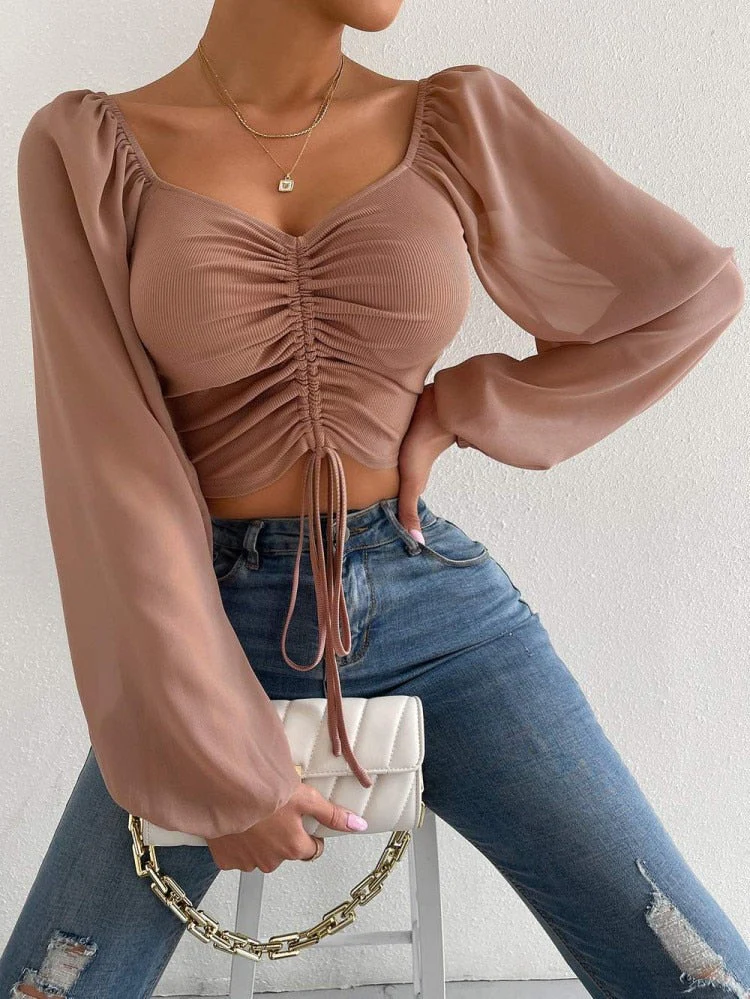 Hulianfu Fashion Sexy Low-cut Long Sleeve Crop Tops Women 2026  Summer Autumn Slim Solid Top Femme And Blouses Chiffon Shirt - Deanwangkt