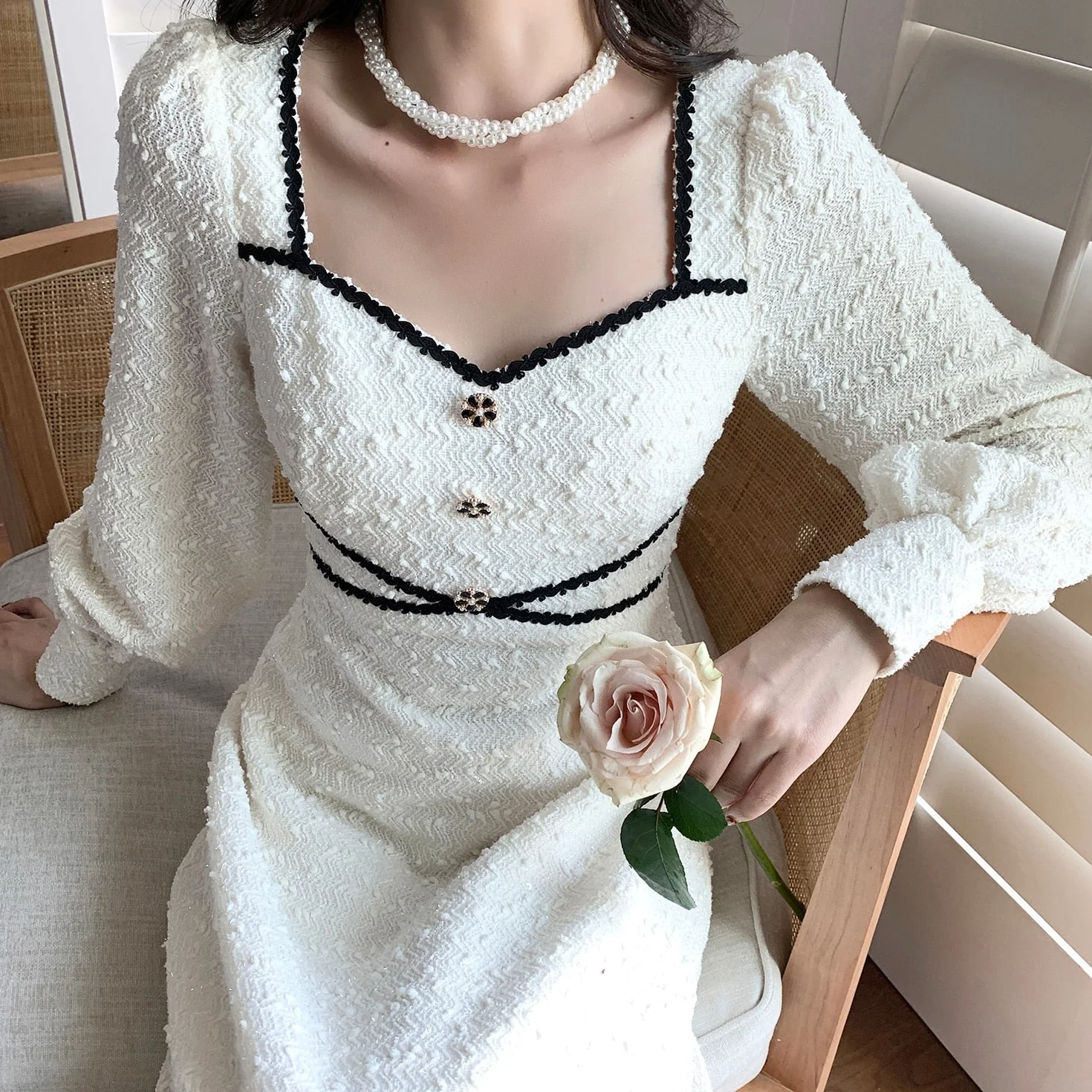Hulianfu Vintage Button Dresses for Women Fairy Midi Party Dress Evening Office Lady Design One Piece Dress Elegant Korean Spring - Deanwangkt