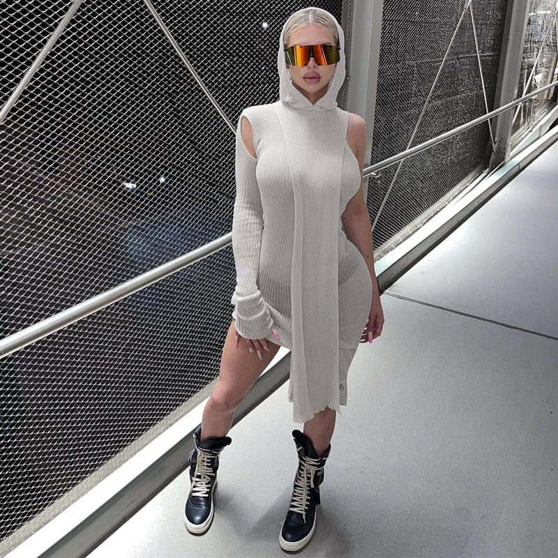 Fall Spring Clubwear Tight Dress One Sleeve Knit Asymmetric Midi Dresses Skinny Ribbed Hooded Streetwear Baddie Clothes - Deanwangkt