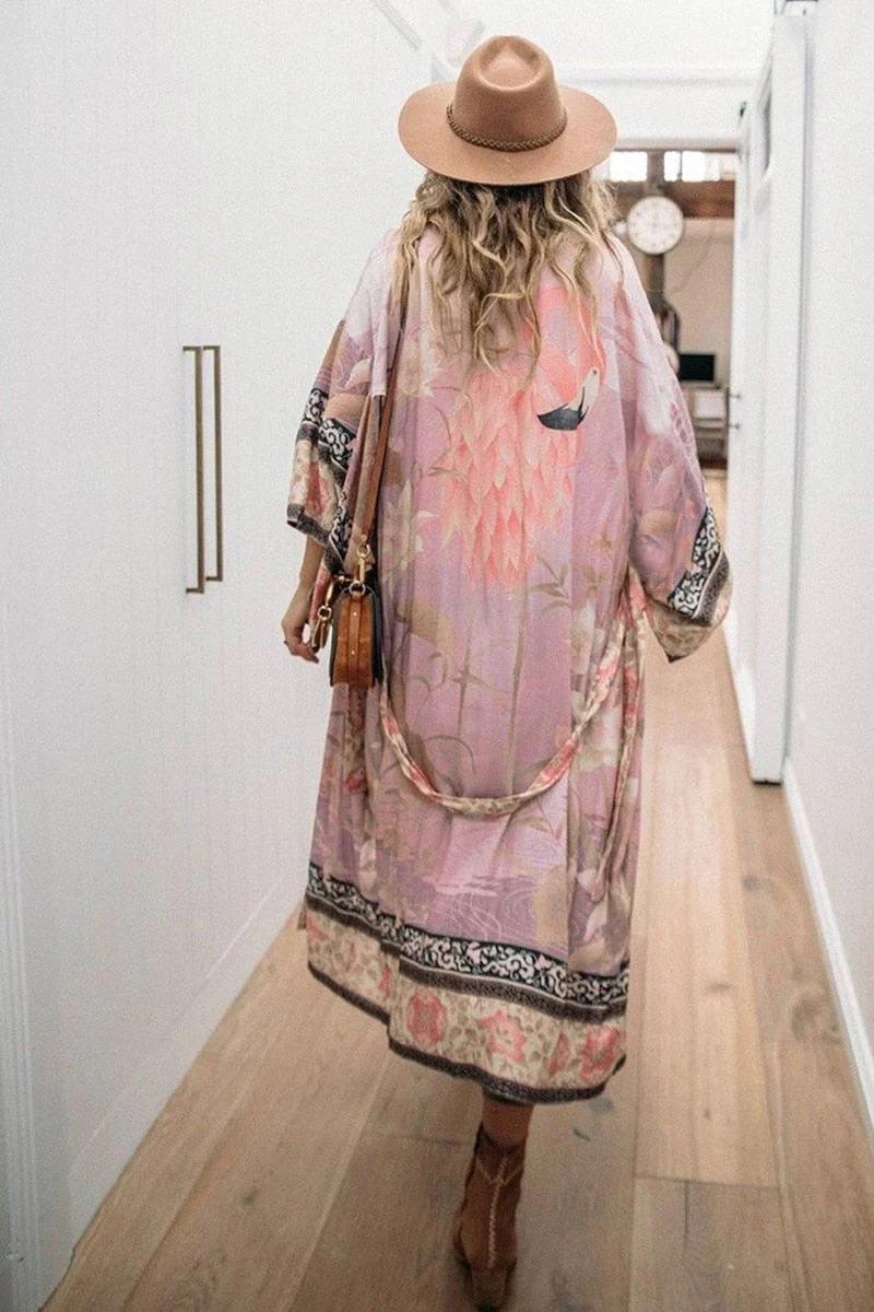 Oversize Beach Cover Up Kimono Vintage Print Floral Holiday Bikini Outing Boho Loose Long Cardigan Orange Covers New - Deanwangkt