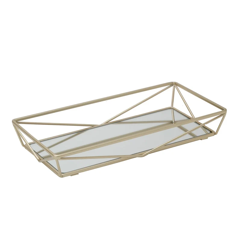 Home Details Geometric Design Mirror Vanity Tray in Gold - 14 x 7 x 2.1