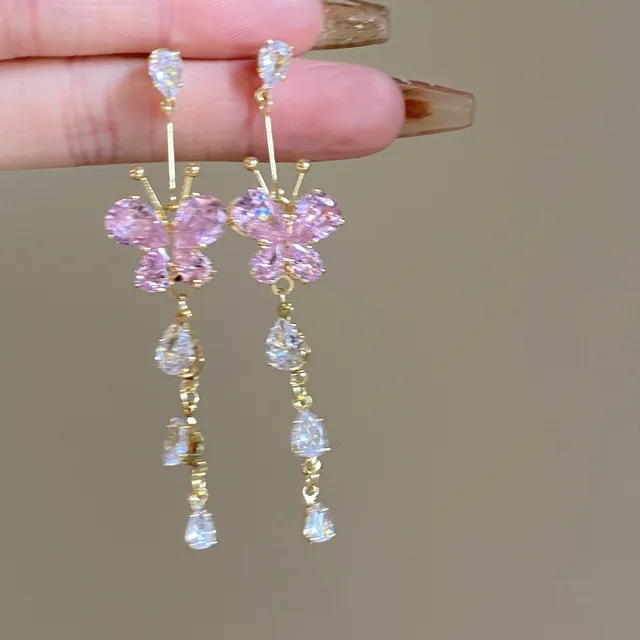 hulianfu Fashion Sweet Pink Zirconia Butterfly Tassel Dangle Earrings For Women Girl Delicate Flower Long Pendientes Jewelry - Deanwangkt