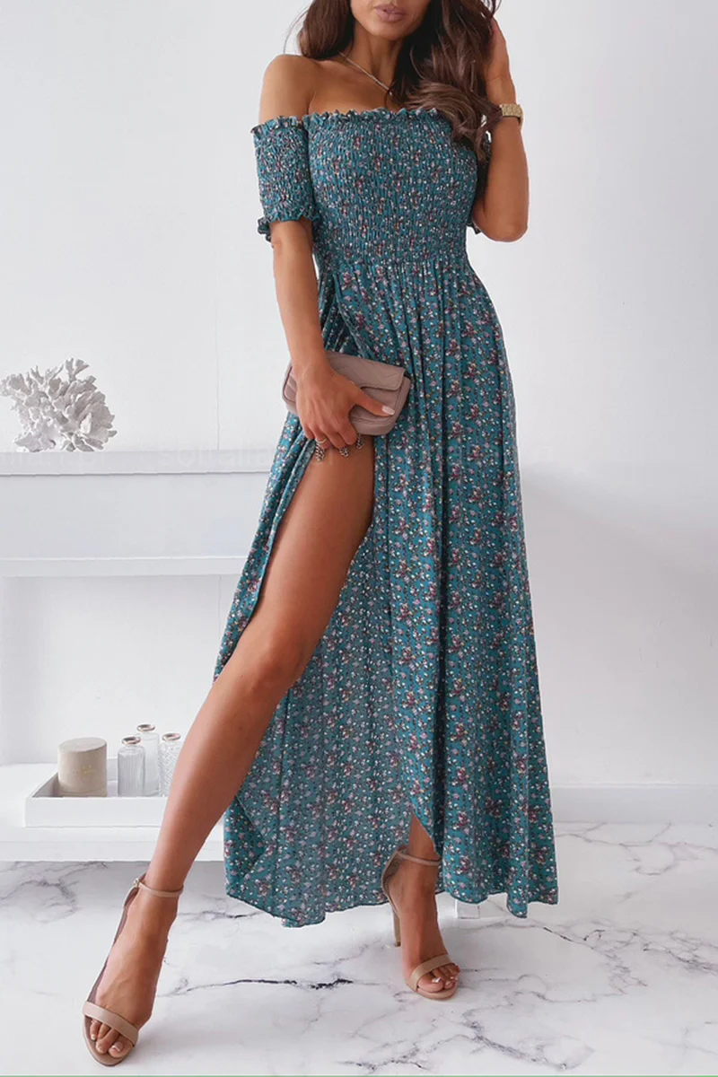 hulianfu Elegant Floral Slit Fold Off the Shoulder Waist Skirt Dresses(5 Colors) - Deanwangkt