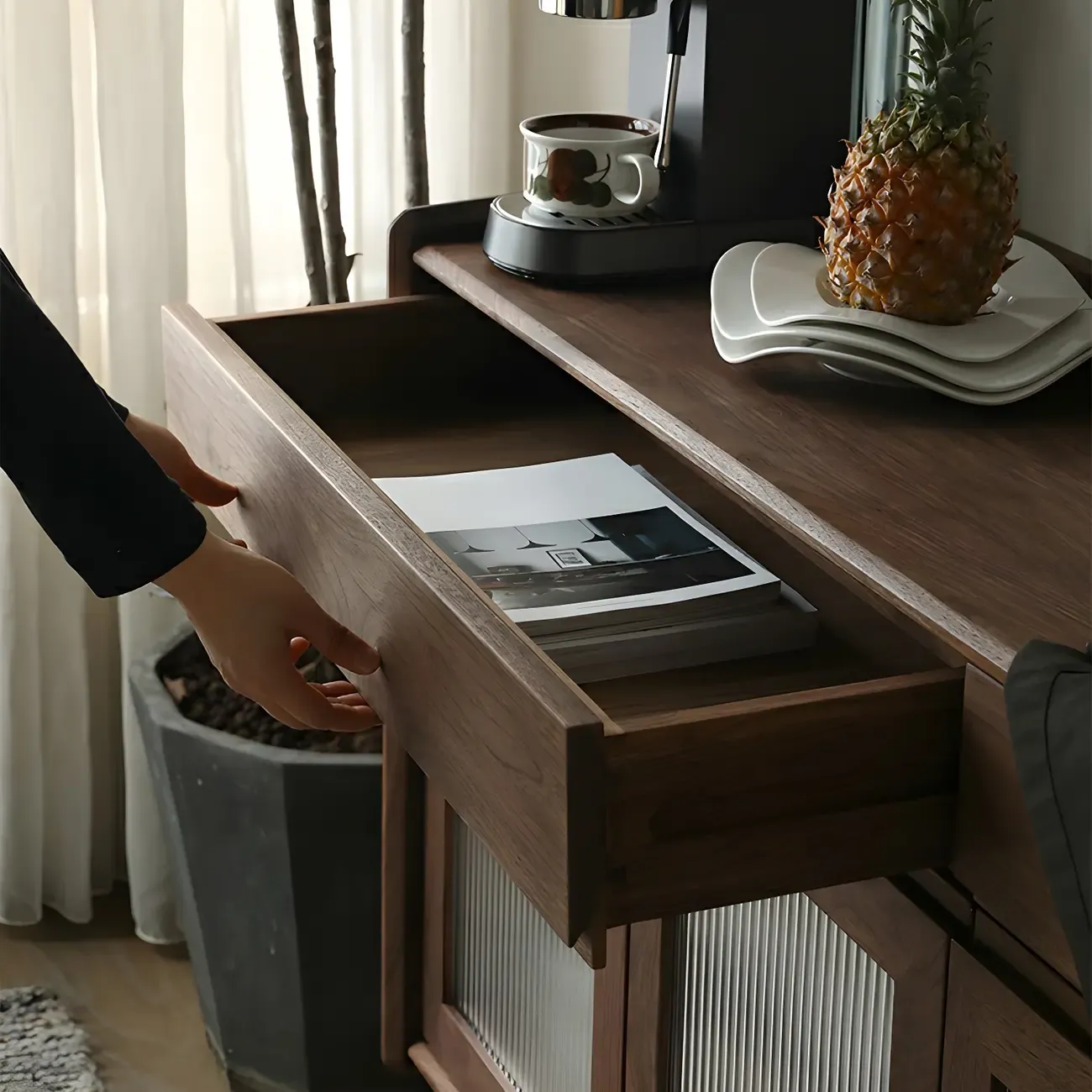 Modern Dark Brown Pine Wood Sideboard with Drawers