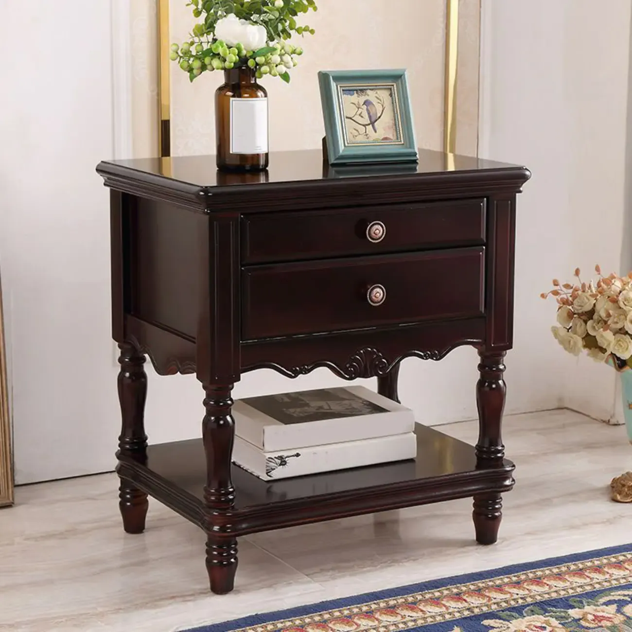 2-Drawer Wood End Table with Storage for Living Room