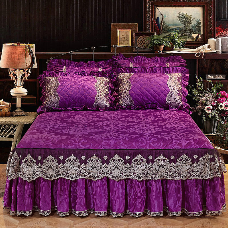 HULIANFU Velvet Warm Quilted Bedding Bed Skirt Pillowcases Home Textile Princess Thick Bedspread Lace Bedsheet Mattress Cover With Cotton - Deanwangkt