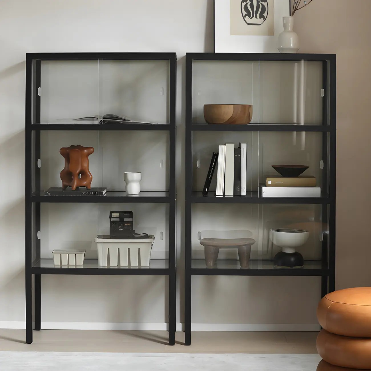 Modern Black Glass Display Cabinet with Metal Frame