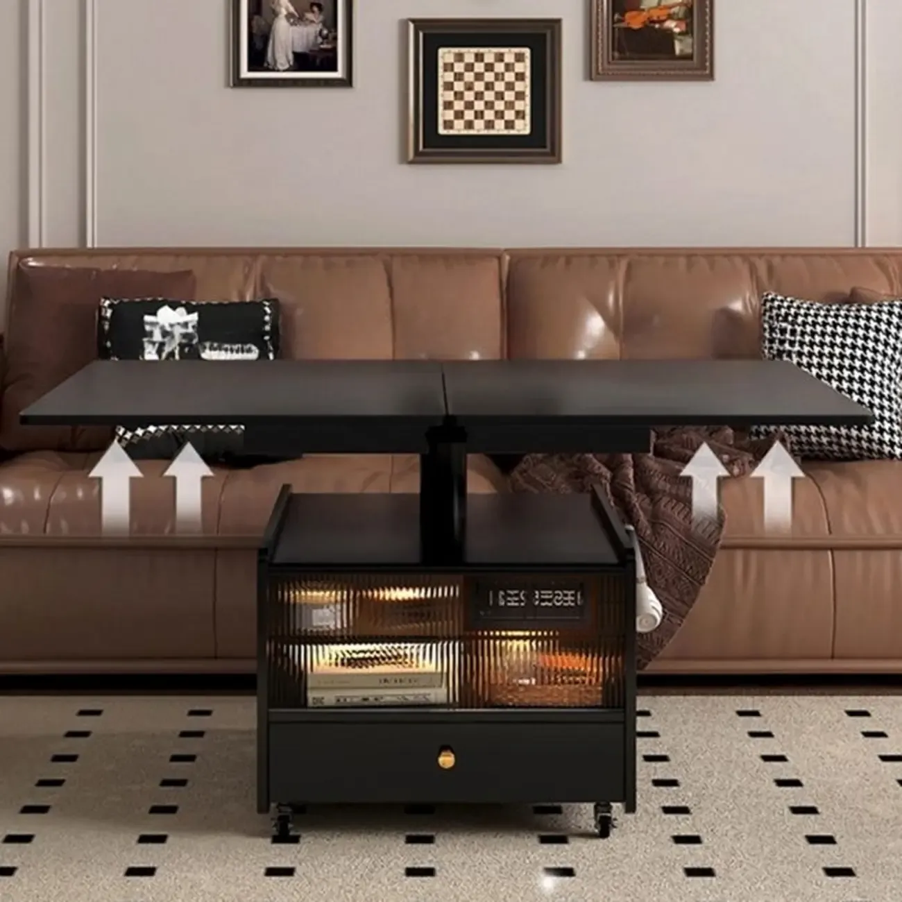 Adjustable Modern Nut-brown Wood Rolling Coffee Table
