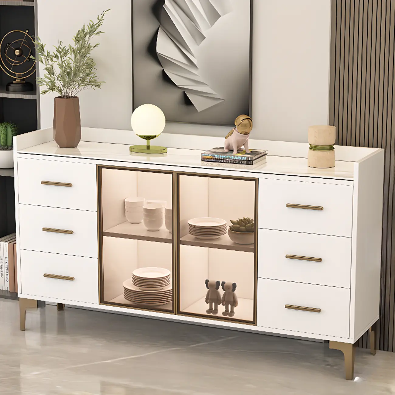 Trendy 6 Drawers White/Black Kitchen Cabinets with Metal Foot