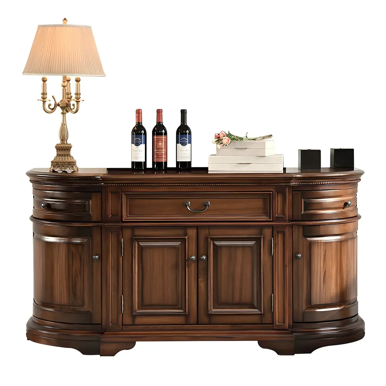 Traditional Brown Wooden Sideboard with Drawers and Cabinets