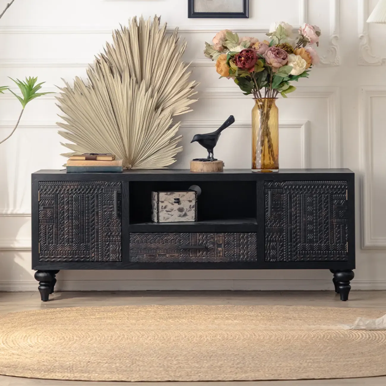 Artistic Pattern Wood Black Cabinet Sideboard in 3-Shelf