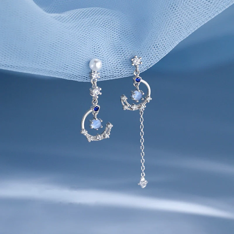 Korean New Light Luxury Zircon Moon Star Asymmetric Stud Earrings For Women Crystal Cloud Pearl Earring Girl Jewelry Gifts - Deanwangkt