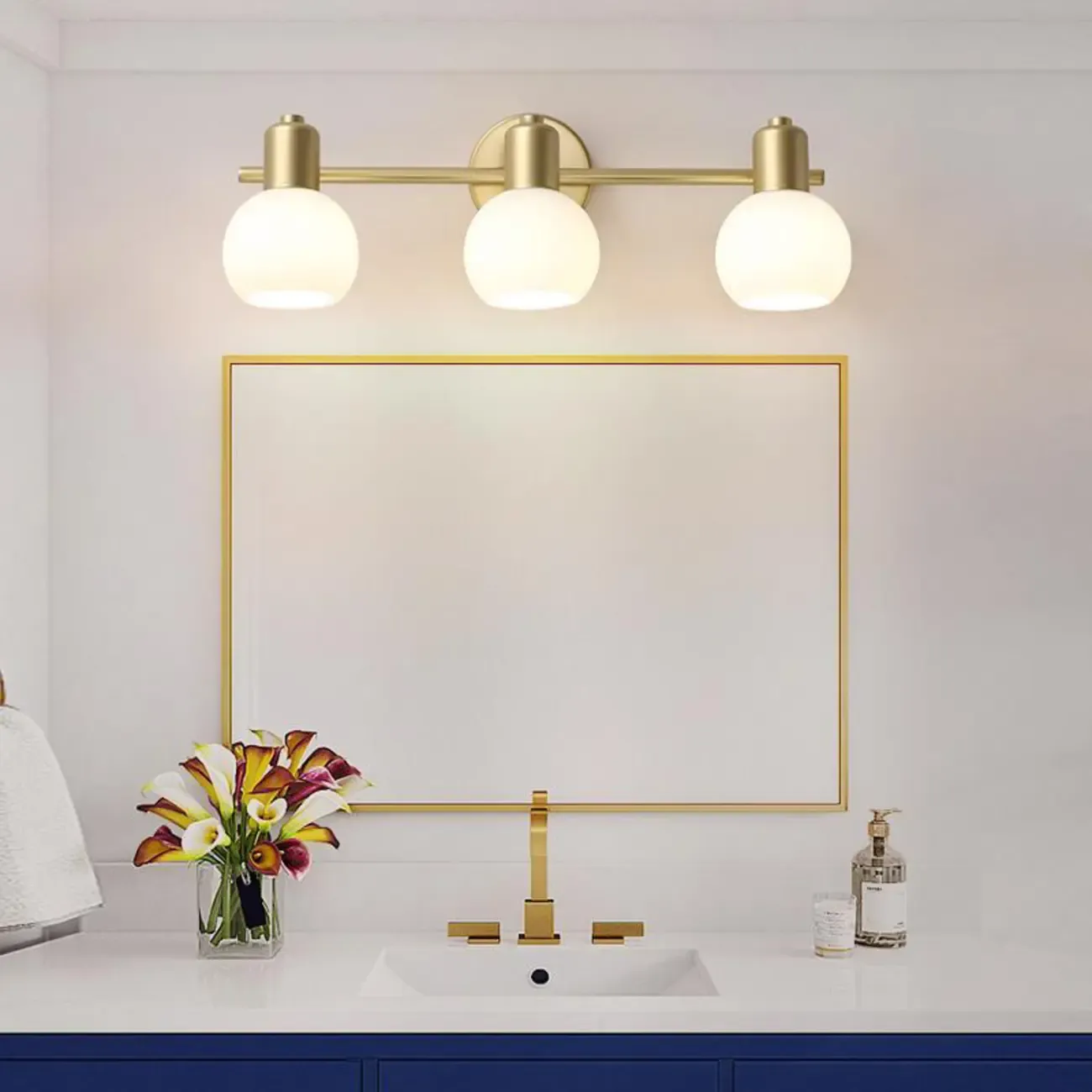 Modern Globe Glass Gold 3 Head Dimmable Vanity Lamp