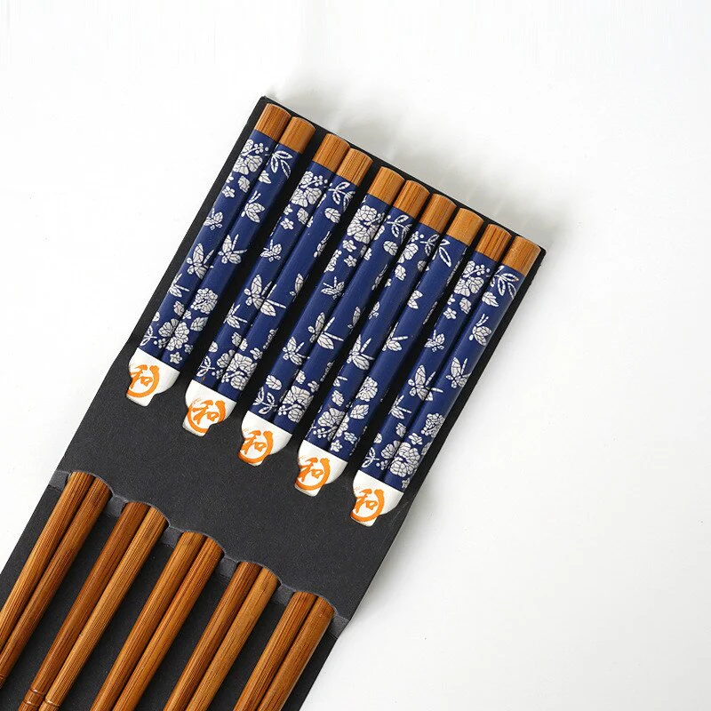 HULIANFU Reusable 5 Pair Set Handmade Bamboo Japanese Natural Wood Chopsticks Sushi Food Cat Flower Multi color Wooden Chop sticks - Deanwangkt