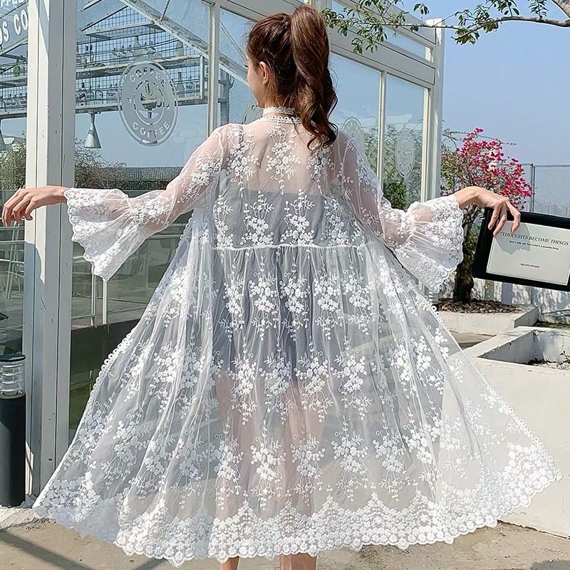 Hulianfu Women Blouse Sun Protection Outerwear Fashion Long Flare Sleeve Mesh Embroidery Thin Loose Party Holiday Maiden Outerwear Sexy - Deanwangkt