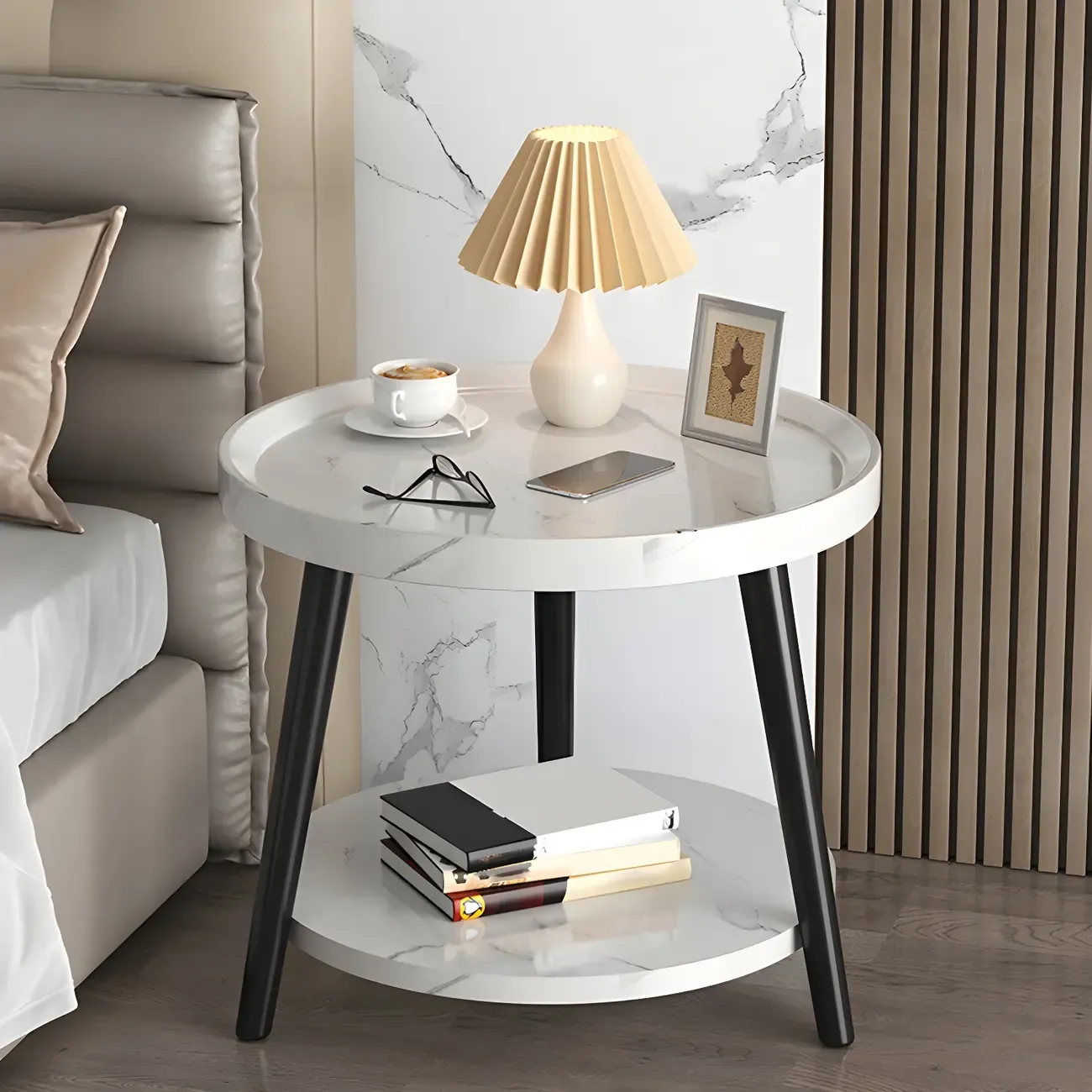 Natural Espresso Wood Small Round End Side Table with Tray Top & Shelf
