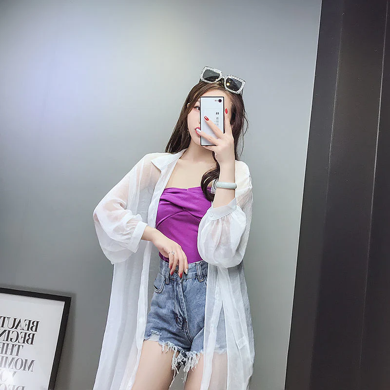 Hulianfu Women Blouse Sun Protection Fashion Long Lantern Sleeve Outerwear Sheer All-match Thin Beach Street Comfort Korean Style Leisure - Deanwangkt
