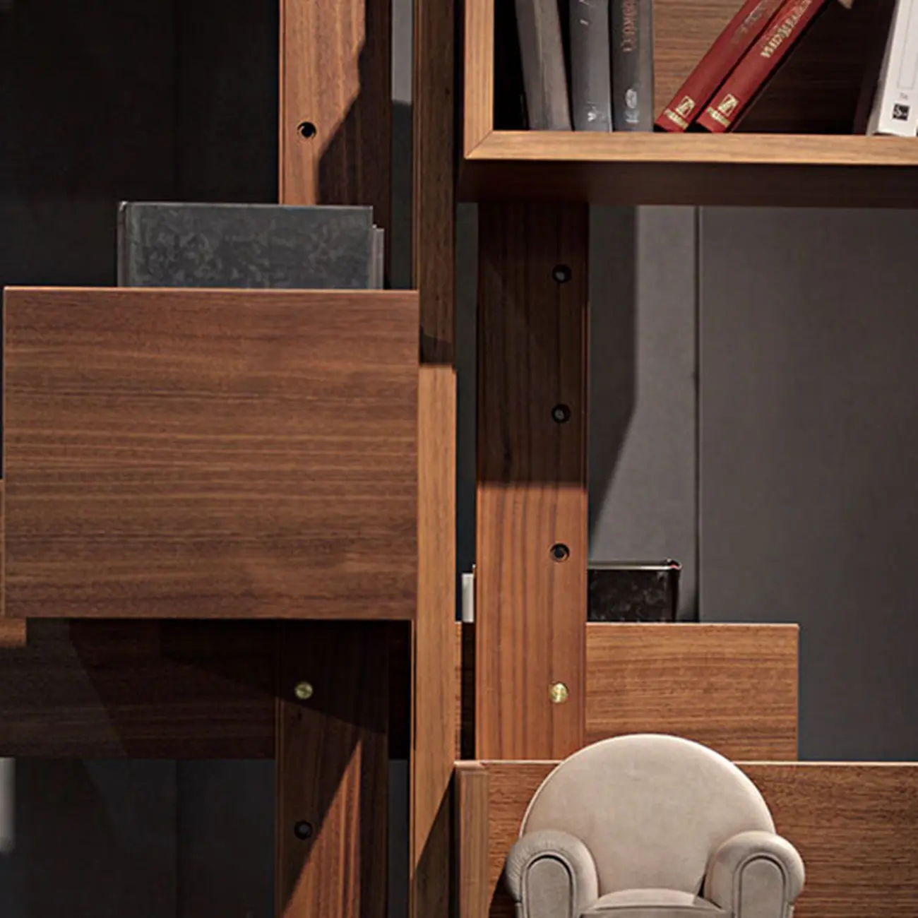 Swivel Vertical Nut Brown Wood Bookcase with Closed Back