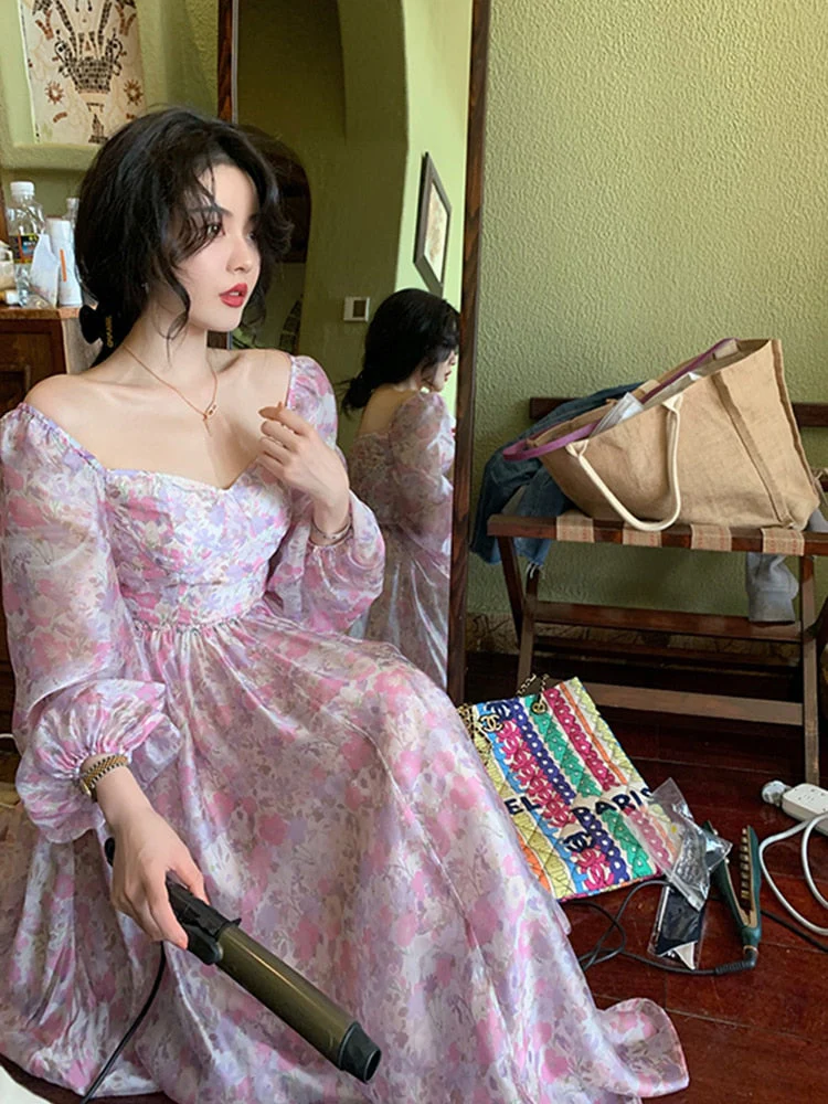 Hulianfu Vintage Long Sleeve One Piece Chiffon Dress for Women Fairy Elegnat French Floral Party Midi Dresses Evening Korean Summer - Deanwangkt