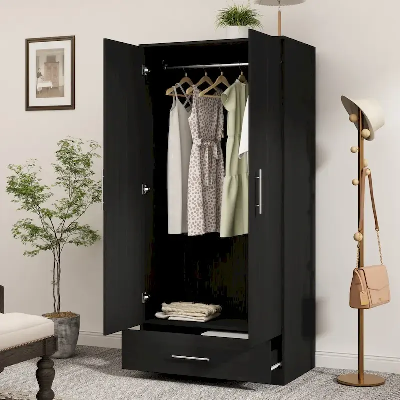 31.5W x 66.9H Wardrobe Armoire Cloest with Drawer In Black,White