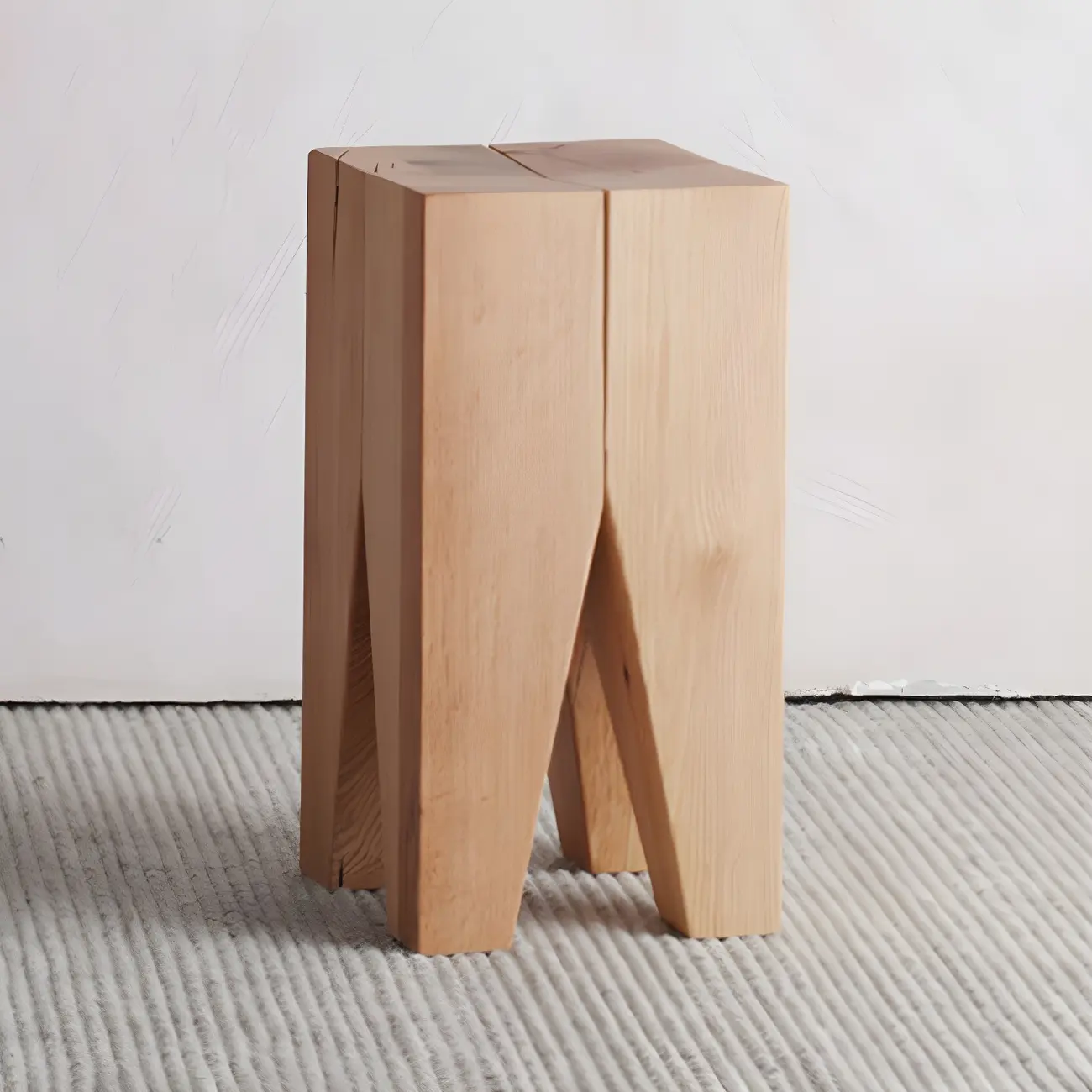 Natural Square Pine Wood Short End Table with Abstract Base