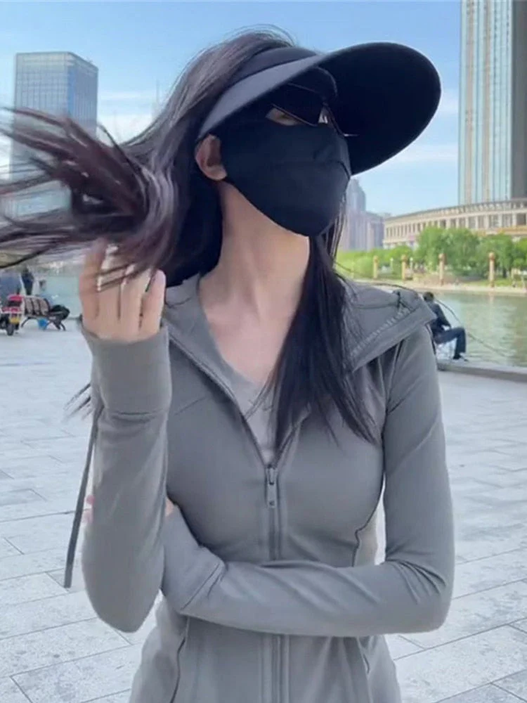 Hulianfu Sun-proof Jackets Women Cropped Slim Hooded Thin Summer Sporty Tender Sexy Basic Fashion All-match Casual New Arrival Ins Mujer - Deanwangkt
