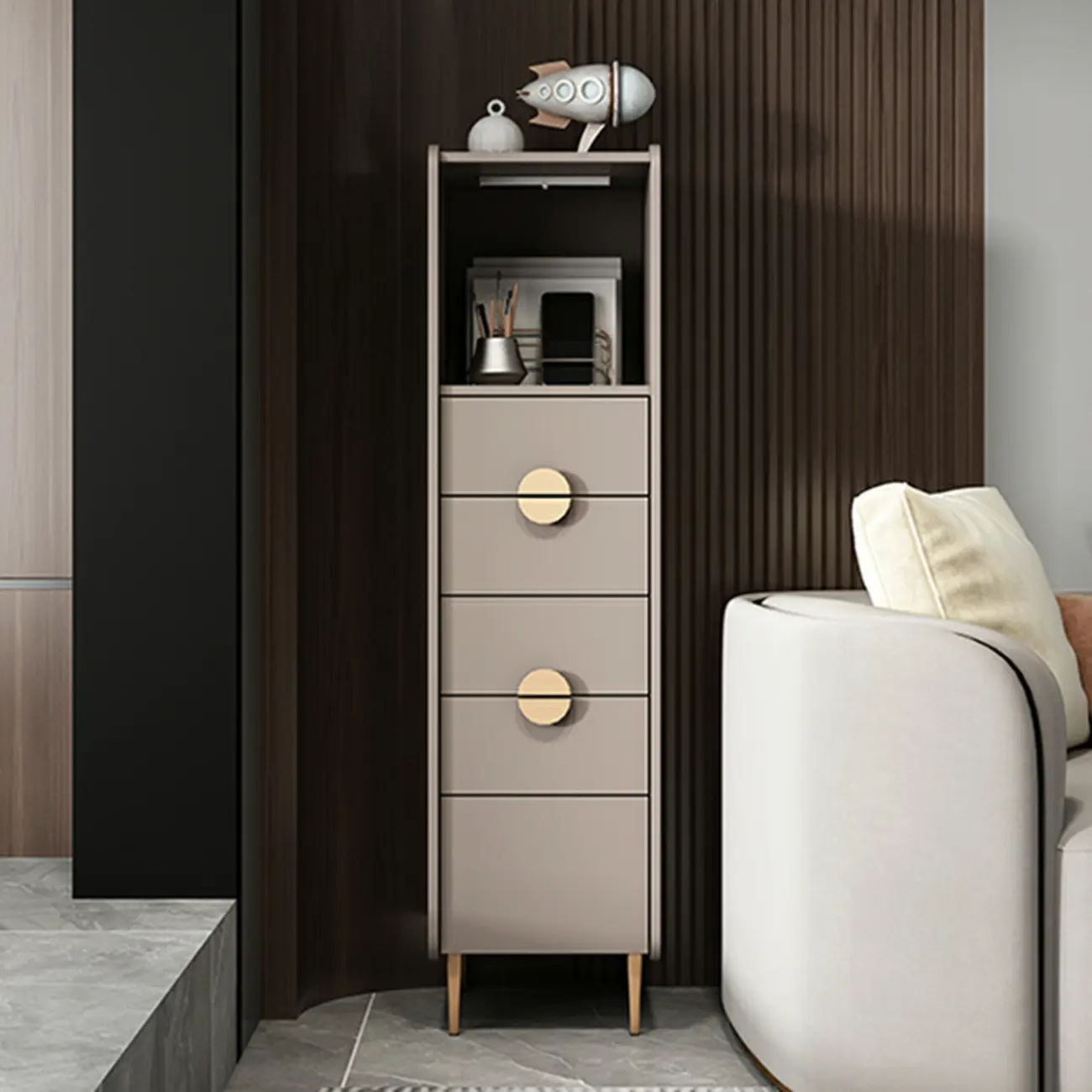 Modern Multi-Drawer White Wood Gold Storage Cabinet with Shelf