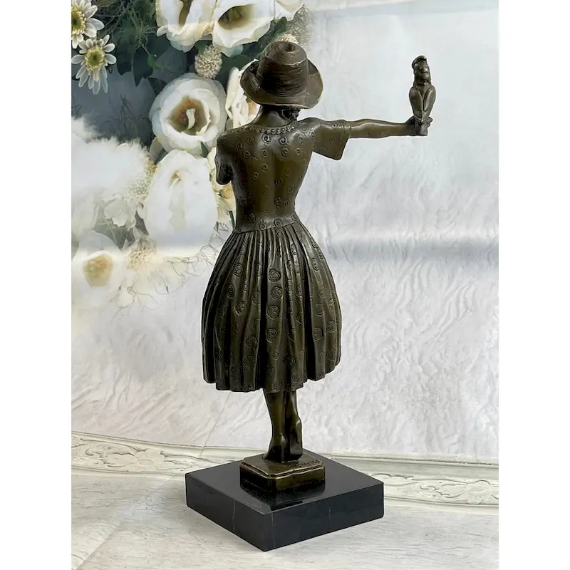 100 Percent Solid Bronze Sculpture Lady With Bird Signed Real Art Hot Cast Figurine Lrg