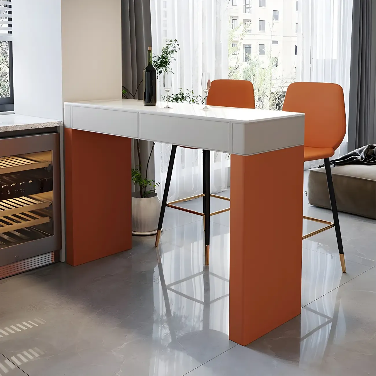 Modern Beige Orange Stone Top Wooden Drawer Bar Tables