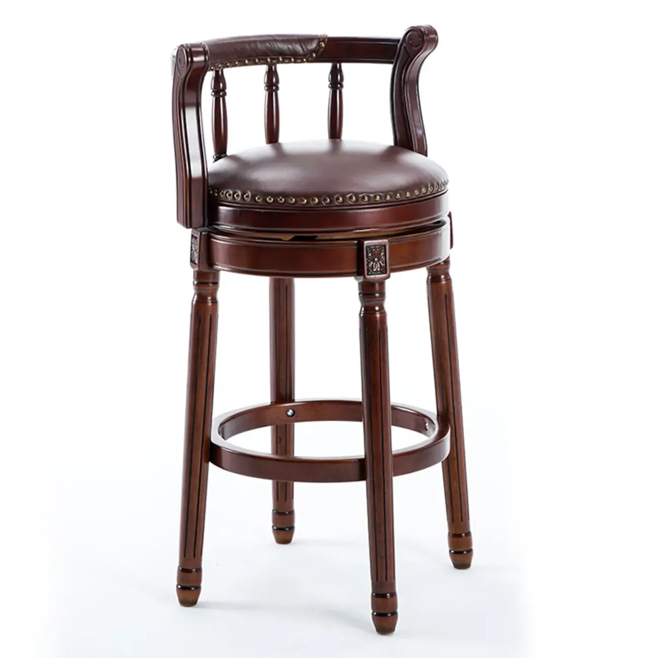 Swivel Counter Height Bar Stools in Genuine Leather & Walnut Solid Wood