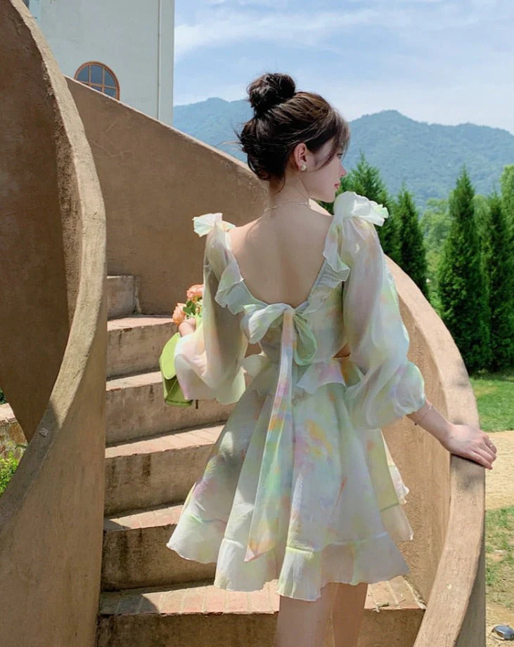 Hulianfu France Sweet Tie-dyed Fairy Dress Women Elegant Chic Ruffles V-Neck Long Sleeve Princess Dresses Female Casual Beach Vestidos - Deanwangkt