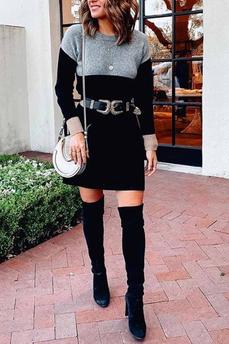 hulianfu hulianfu Loose Round Neck Paneled Mini Dress(5 Colors) - Deanwangkt