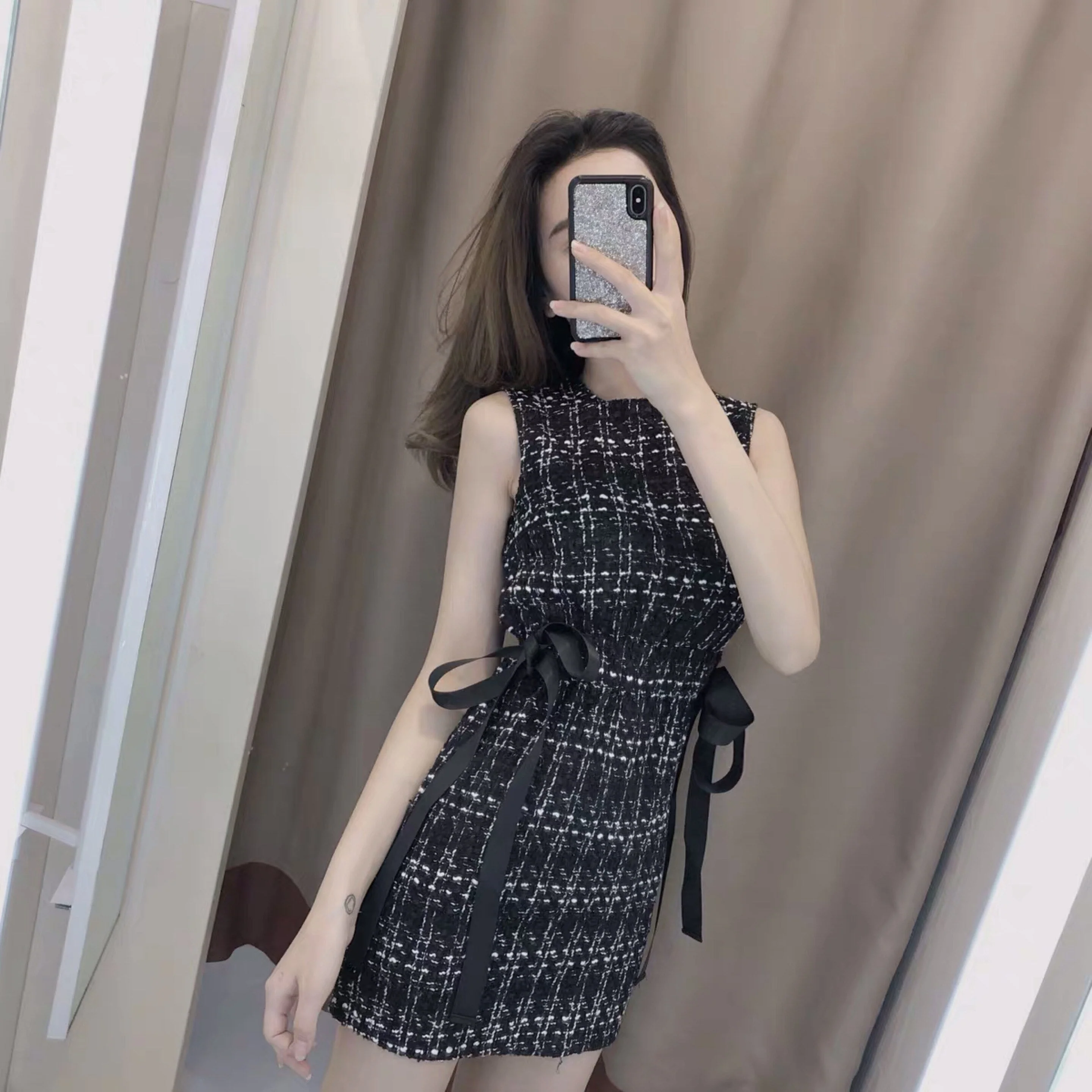 Hulianfu Vintage Summer Women Tweed Bandage Dresses for Women Party Sleeveless Bow O-Neck Plaid Elegant Casual Empire Bodycon Short Dress - Deanwangkt