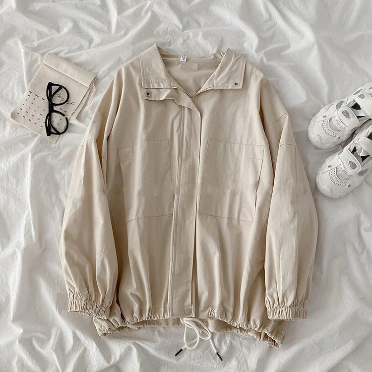 Hulianfu Women Basic Jackets Turn Down Collar Zipper Harajuku Elastic BF Chic Ulzzang Loose Korean Style Cool Streetwear Casual Outerwear - Deanwangkt