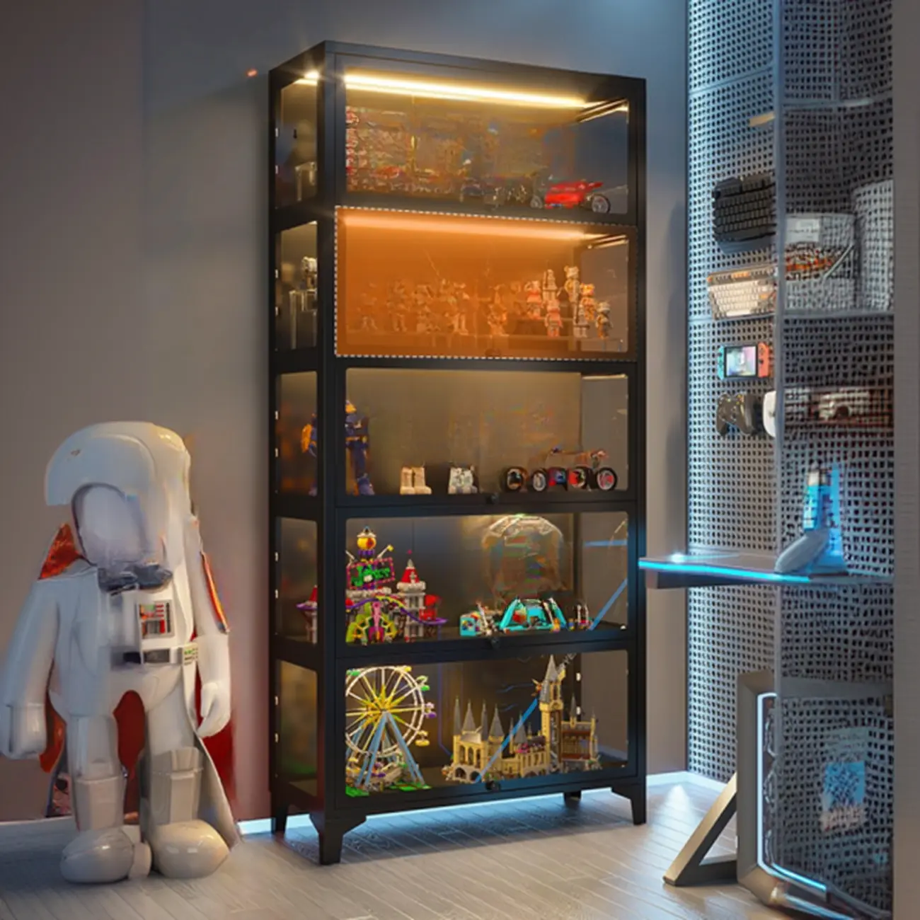 Modern 5 Shelves Glass Display Cabinets with LED Lighting