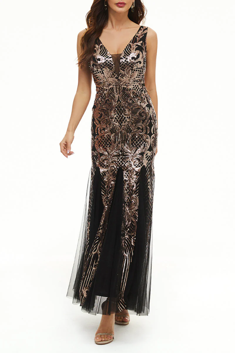 hulianfu Elegant College Patchwork Sequins V Neck Evening Dress Dresses - Deanwangkt
