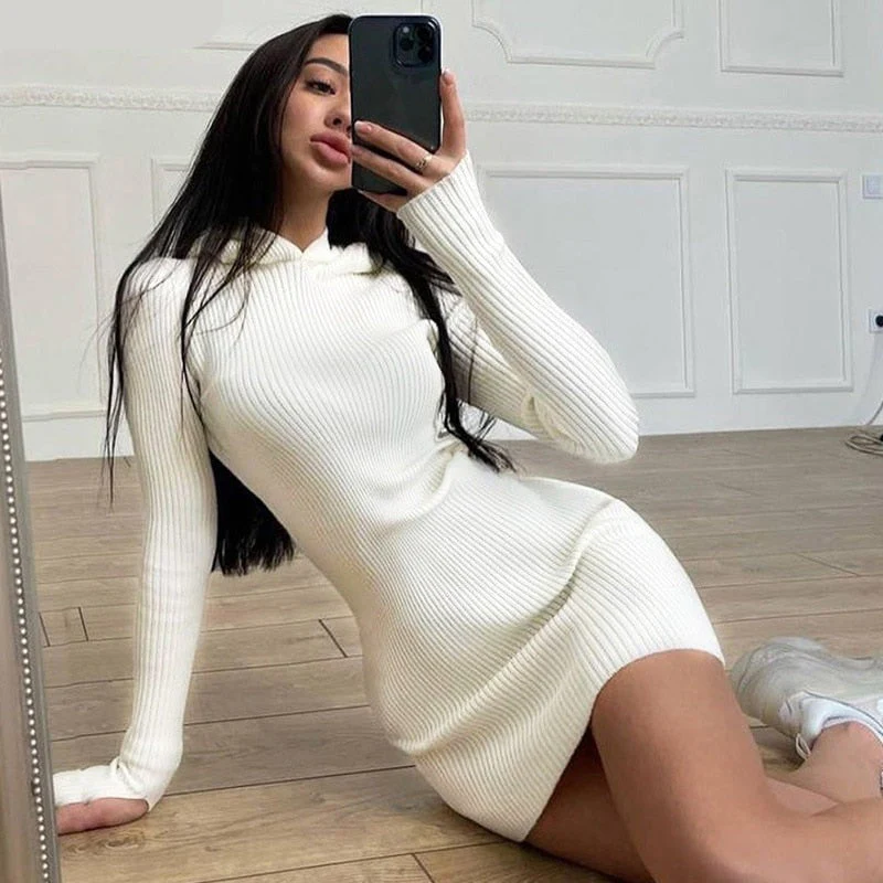 Hulianfu Autumn Winter Knitted Sweater Dress For Women  White Black Long Sleeve Bodycon Mini Dress Casual Hooded Sweatshirt Dresses - Deanwangkt