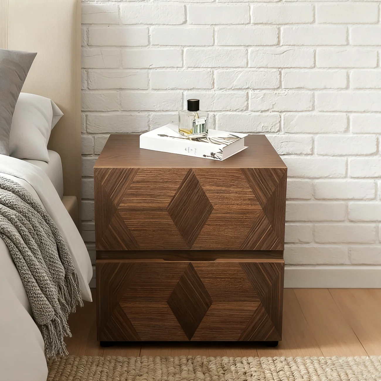 Elegant Nut Brown Narrow 2-drawer Wood Nightstand