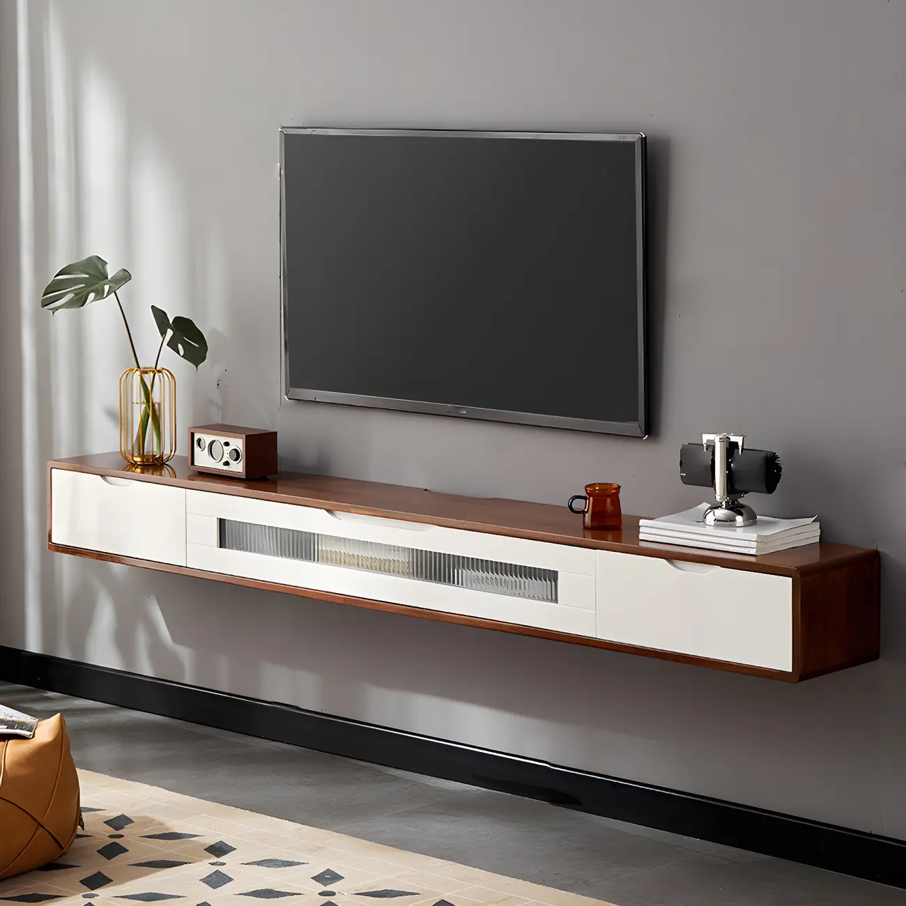 Rubberwood Wall Mount TV Stand Entertainment Center