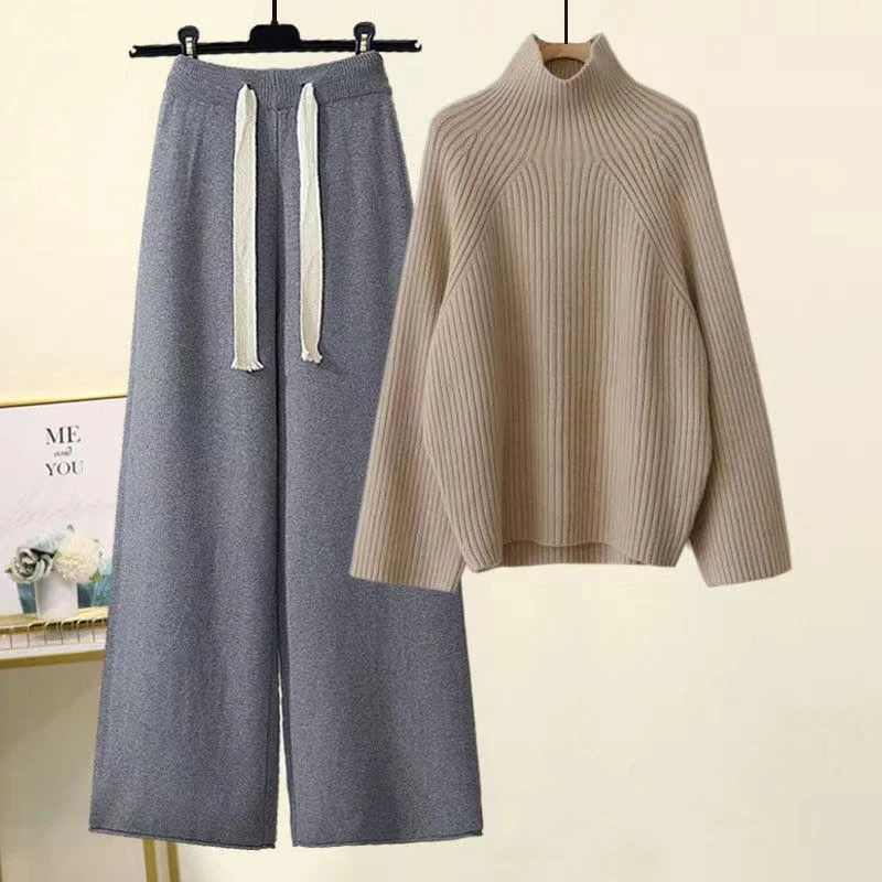 Hulianfu Autumn Winter Warm Knitted Suit Women Long Sleeve Half Turtleneck Knitting Sweater And Wide Leg Pants Sets Outer Wear Loose Set - Deanwangkt